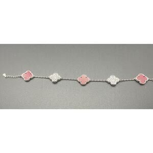 8" Silver Clover Bracelet with Deep Red Enamel & Crystal Details